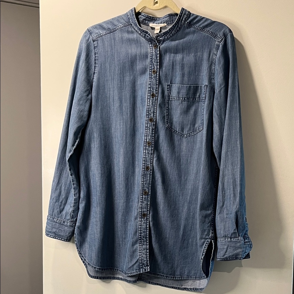Eileen Fisher Women's Collarless Long Blue Button Down Shirt SP